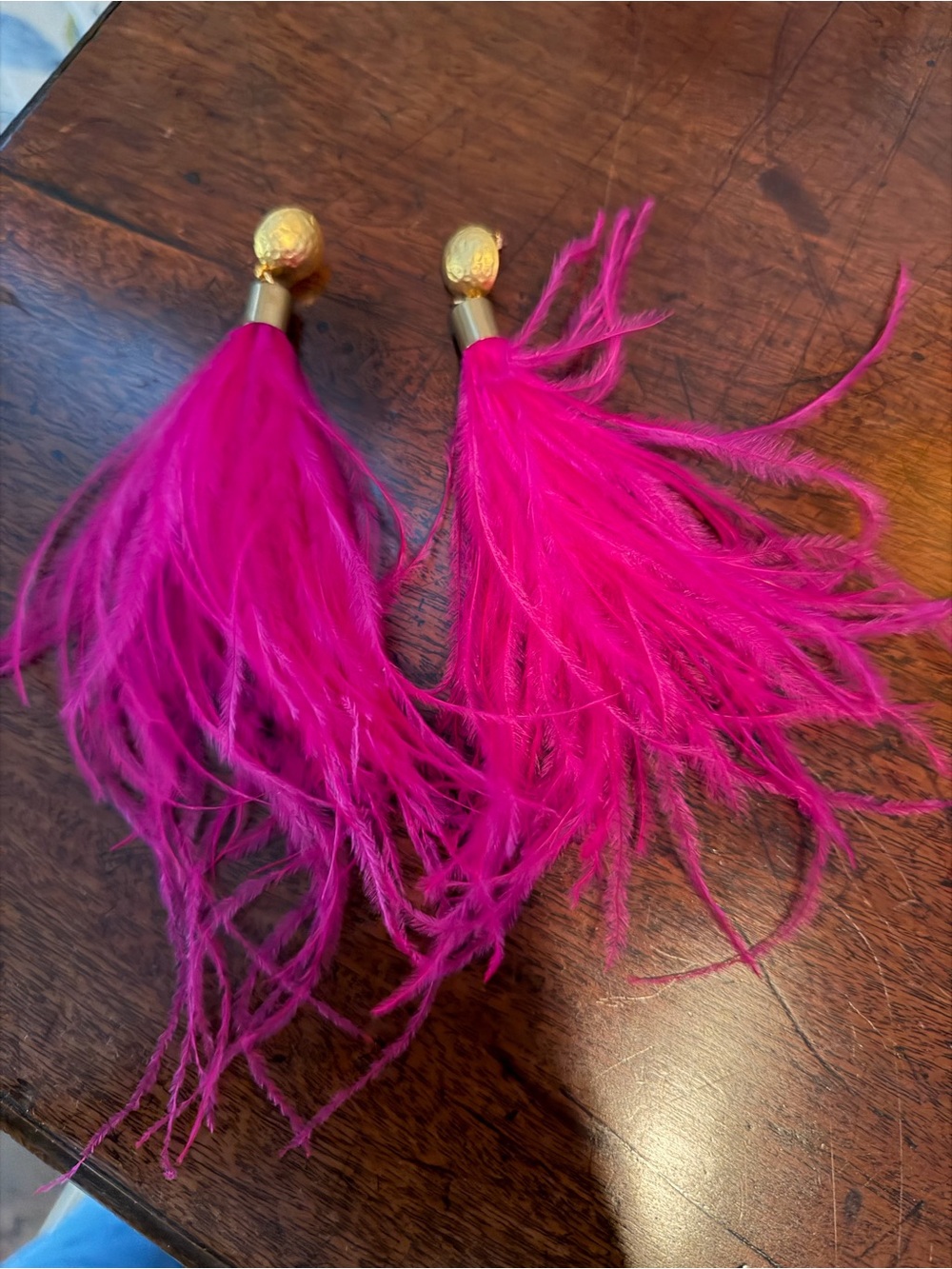Hot Pink Feather Tassel Drop Earrings with Gold Accents